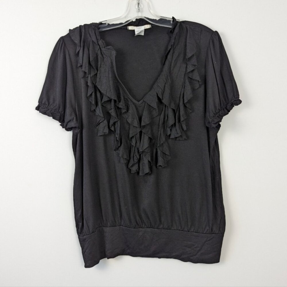 Elegant Tru Gossip Black Ruffled V-Neck Top, Size Large